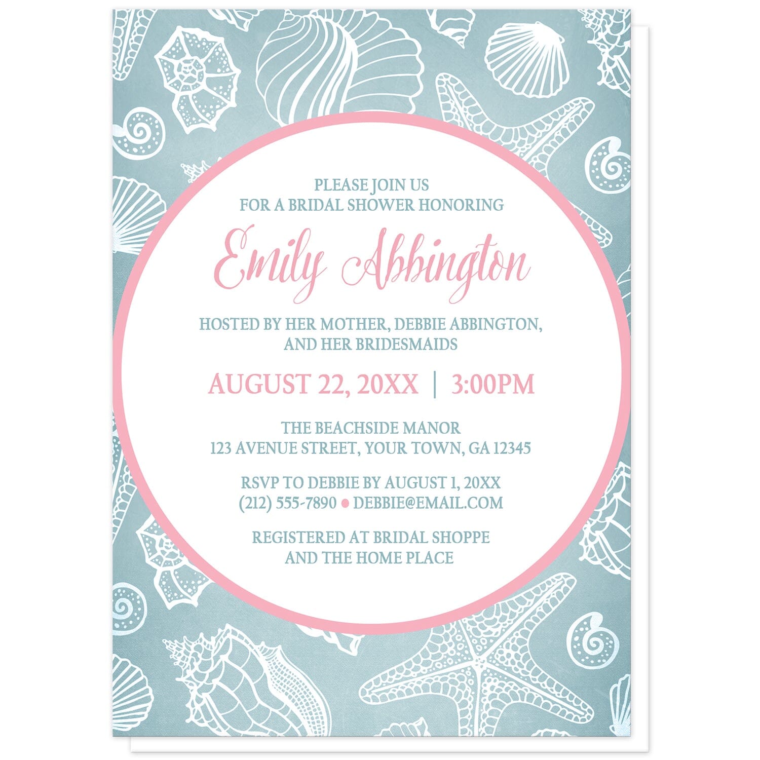 Blue Seashell Pink Beach Bridal Shower Invitations at Artistically Invited. Modern and pretty blue seashell pink beach bridal shower invitations designed with your personalized bridal shower celebration details custom printed in pink and blue inside a white circle with a pink outline over a blue and white seashell pattern background. 