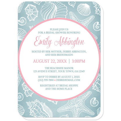 Blue Seashell Pink Beach Bridal Shower Invitations (with rounded corners) at Artistically Invited. Modern and pretty blue seashell pink beach bridal shower invitations designed with your personalized bridal shower celebration details custom printed in pink and blue inside a white circle with a pink outline over a blue and white seashell pattern background. 