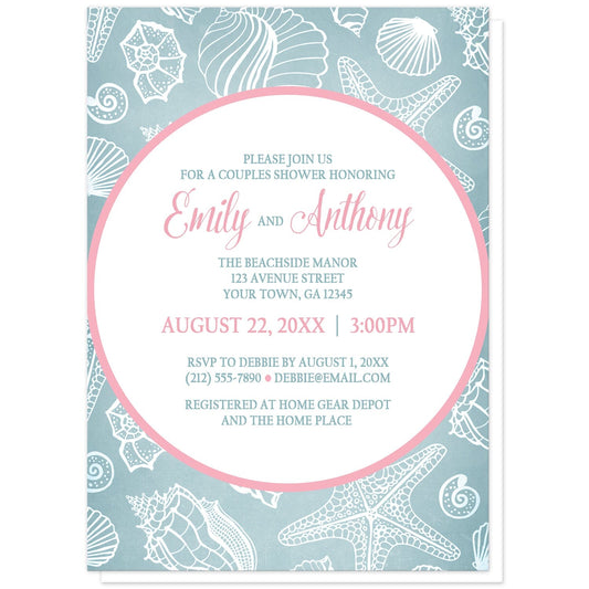 Blue Seashell Pink Beach Couples Shower Invitations at Artistically Invited. Modern and pretty blue seashell pink beach couples shower invitations designed with your personalized couples shower celebration details custom printed in pink and blue inside a white circle with a pink outline over a blue and white seashell pattern background.