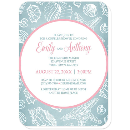 Blue Seashell Pink Beach Couples Shower Invitations (with rounded corners) at Artistically Invited. Modern and pretty blue seashell pink beach couples shower invitations designed with your personalized couples shower celebration details custom printed in pink and blue inside a white circle with a pink outline over a blue and white seashell pattern background.