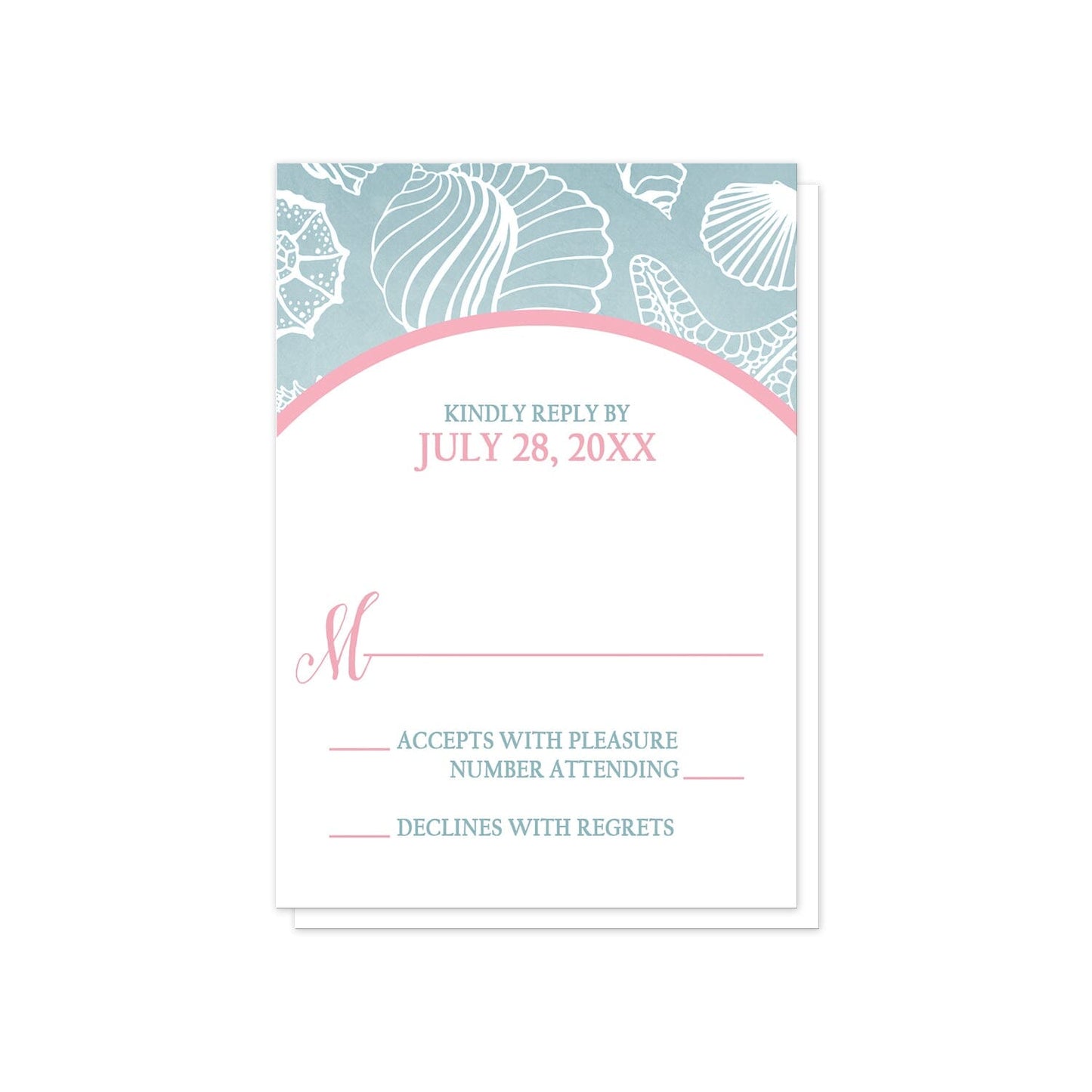 Blue Seashell Pink Beach RSVP Cards at Artistically Invited.