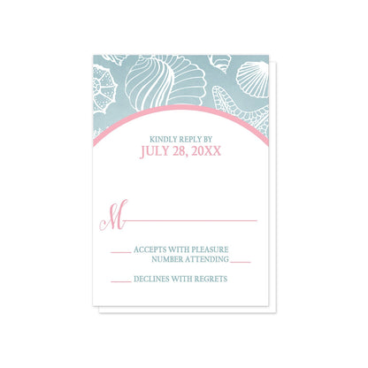 Blue Seashell Pink Beach RSVP Cards at Artistically Invited.