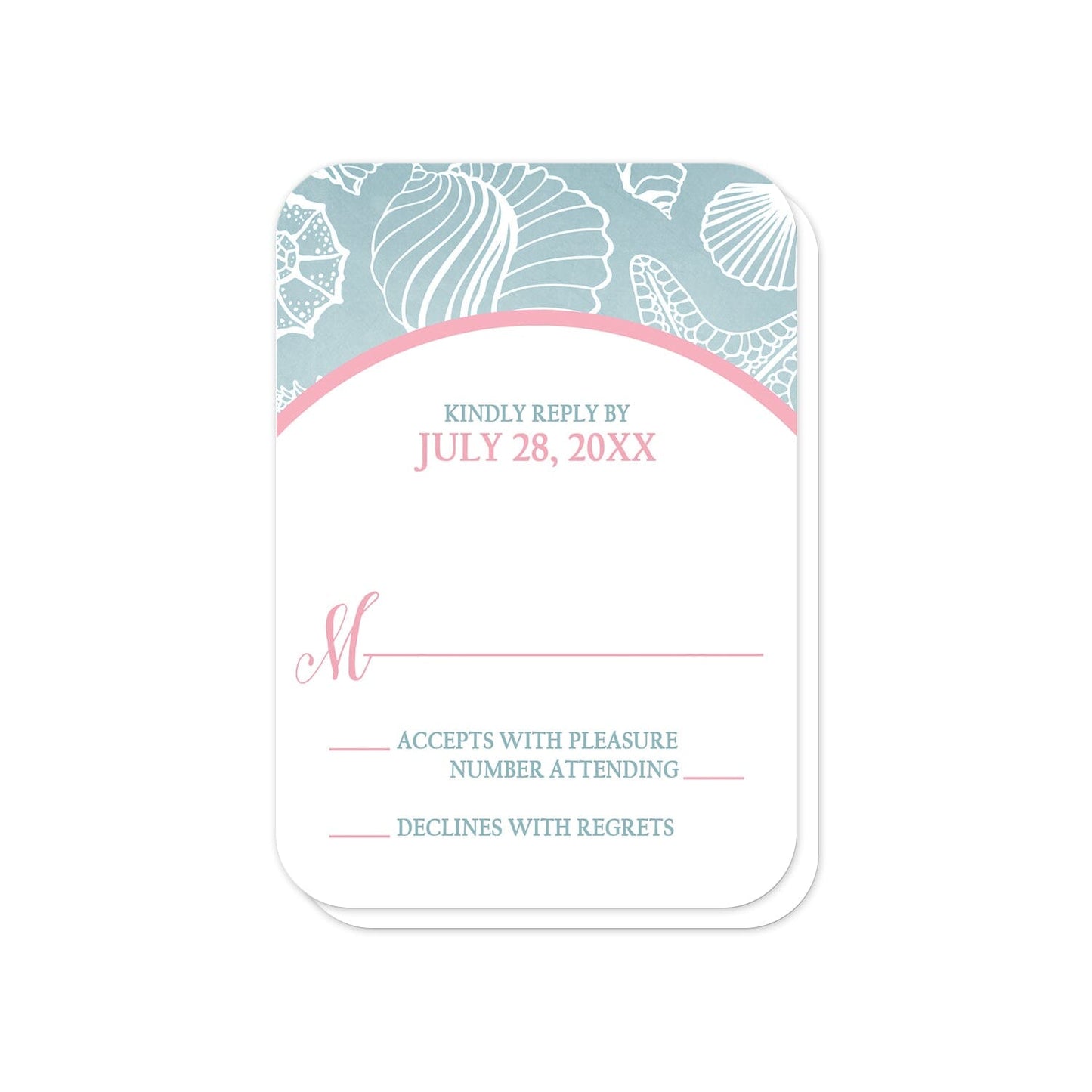 Blue Seashell Pink Beach RSVP Cards (with rounded corners) at Artistically Invited.