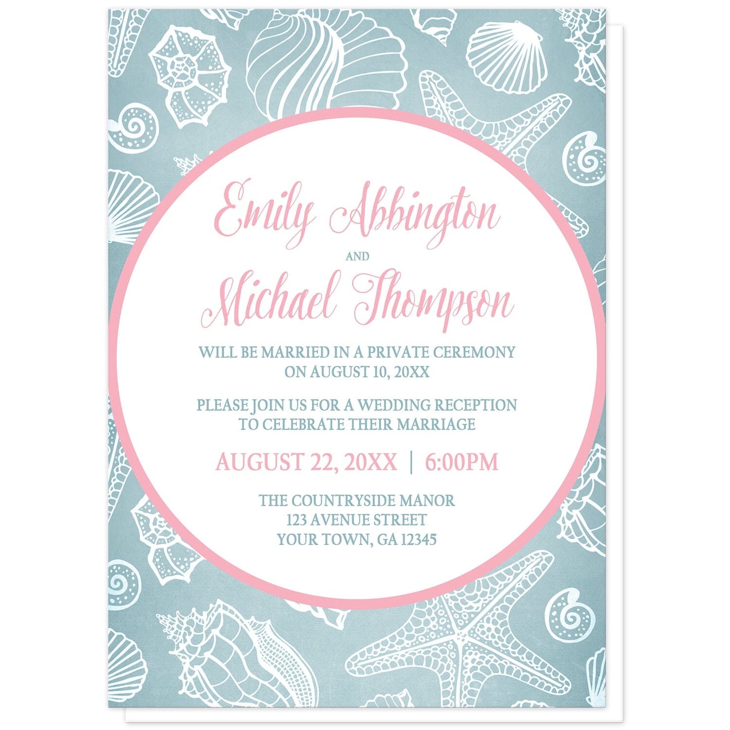 Blue Seashell Pink Beach Reception Only Invitations at Artistically Invited. Blue seashell pink beach reception only invitations designed with your personalized post-wedding reception details custom printed in pink and blue, inside a pink outlined white circle, over a blue and white seashell pattern background. 
