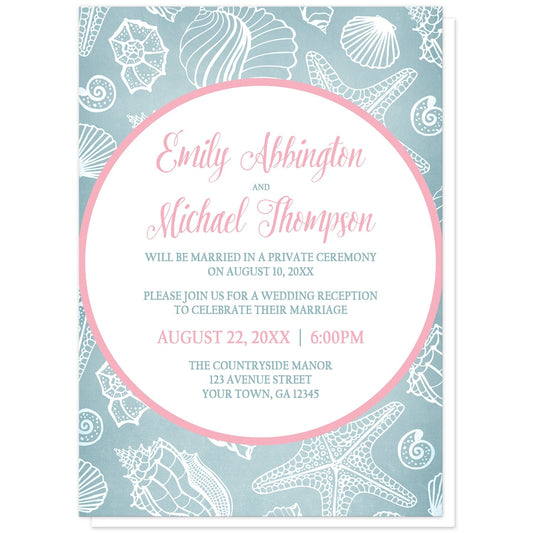 Blue Seashell Pink Beach Reception Only Invitations at Artistically Invited. Blue seashell pink beach reception only invitations designed with your personalized post-wedding reception details custom printed in pink and blue, inside a pink outlined white circle, over a blue and white seashell pattern background. 