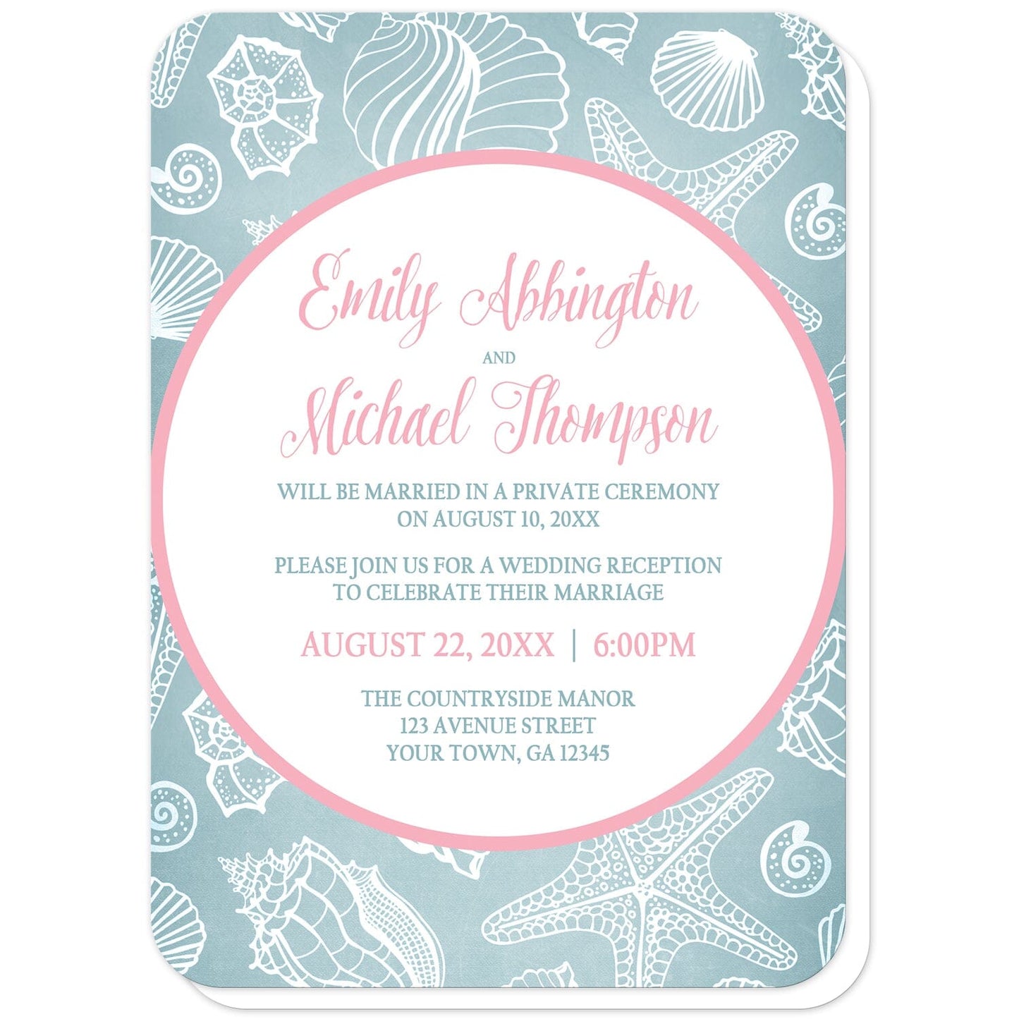 Blue Seashell Pink Beach Reception Only Invitations (with rounded corners) at Artistically Invited. Blue seashell pink beach reception only invitations designed with your personalized post-wedding reception details custom printed in pink and blue, inside a pink outlined white circle, over a blue and white seashell pattern background. 