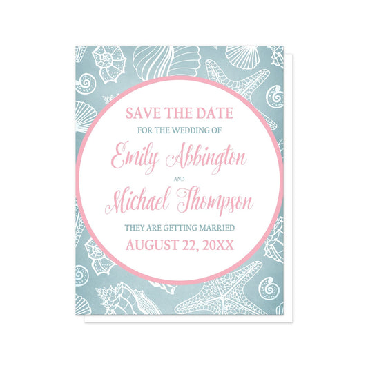 Blue Seashell Pink Beach Save the Date Cards at Artistically Invited. Blue seashell pink beach save the date cards designed with your personalized wedding announcement details custom printed in pink and blue, inside a pink outlined white circle, over a blue and white seashell pattern background.