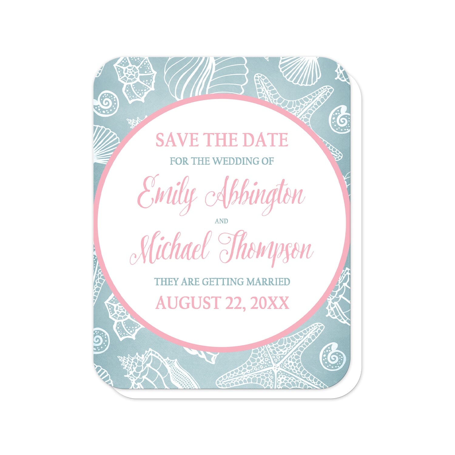 Blue Seashell Pink Beach Save the Date Cards (with rounded corners) at Artistically Invited. Blue seashell pink beach save the date cards designed with your personalized wedding announcement details custom printed in pink and blue, inside a pink outlined white circle, over a blue and white seashell pattern background.