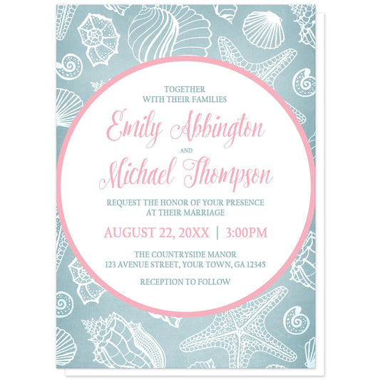 Blue Seashell Pink Beach Wedding Invitations at Artistically Invited. Blue seashell pink beach wedding invitations designed with your personalized marriage celebration details custom printed in pink and blue, inside a pink outlined white circle, over a blue and white seashell pattern background.