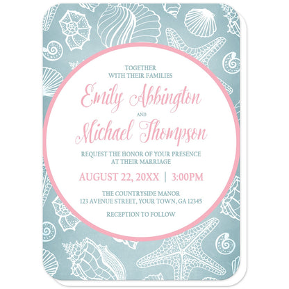 Blue Seashell Pink Beach Wedding Invitations (with rounded corners) at Artistically Invited. Blue seashell pink beach wedding invitations designed with your personalized marriage celebration details custom printed in pink and blue, inside a pink outlined white circle, over a blue and white seashell pattern background.