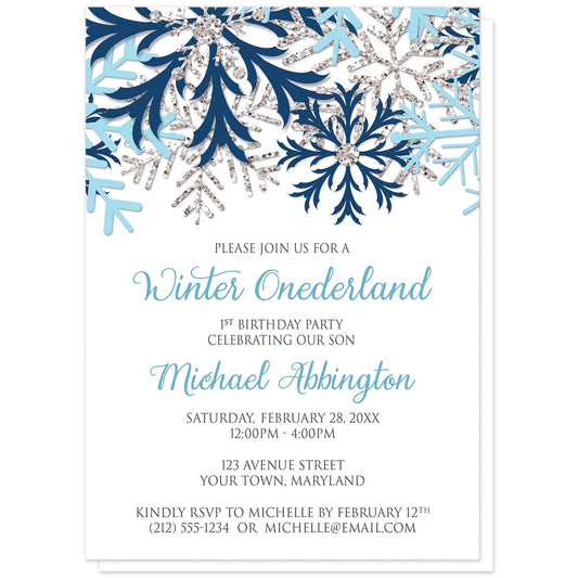 Blue Silver Snowflake 1st Birthday Winter Onederland Invitations at Artistically Invited. Pretty blue silver snowflake 1st birthday Winter Onederland invitations designed with navy blue, aqua blue, and silver-colored glitter-illustrated snowflakes along the top of the invitations. Your personalized 1st birthday party details are custom printed in blue and gray on white below the snowflakes.