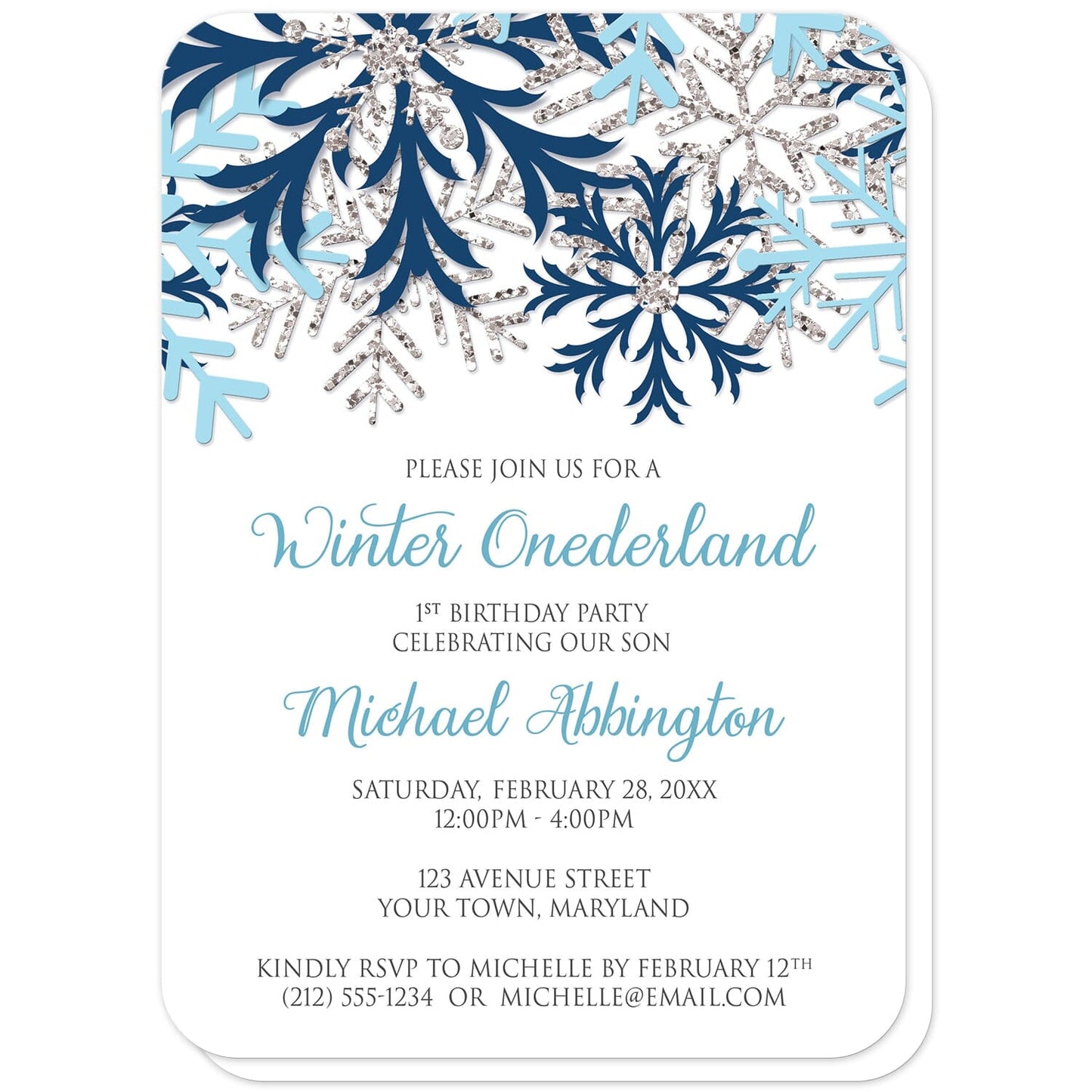 Blue Silver Snowflake 1st Birthday Winter Onederland Invitations (with rounded corners) at Artistically Invited. Pretty blue silver snowflake 1st birthday Winter Onederland invitations designed with navy blue, aqua blue, and silver-colored glitter-illustrated snowflakes along the top of the invitations. Your personalized 1st birthday party details are custom printed in blue and gray on white below the snowflakes.