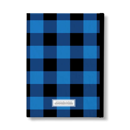 Personalized Blue and Black Buffalo Plaid Journal at Artistically Invited. Back side of the book.