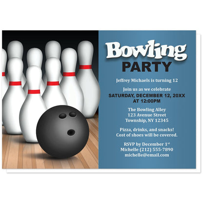 Bowling Ball and Pins Birthday Party Invitations in Blue at Artistically Invited. Bowling ball and pins birthday party invitations for any age or milestone that are uniquely illustrated with a bowling ball and bowling pins at the bowling alley. Your personalized birthday party details are custom printed in black and white over a colored background to the right of the illustration. 
