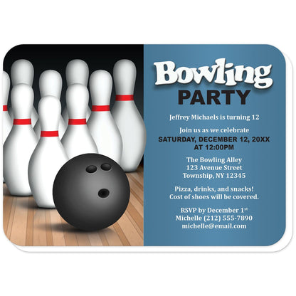 Bowling Ball and Pins Birthday Party Invitations in Blue (with rounded corners) at Artistically Invited. Bowling ball and pins birthday party invitations for any age or milestone that are uniquely illustrated with a bowling ball and bowling pins at the bowling alley. Your personalized birthday party details are custom printed in black and white over a colored background to the right of the illustration. 