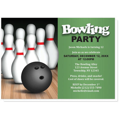 Bowling Ball and Pins Birthday Party Invitations in Green at Artistically Invited. Bowling ball and pins birthday party invitations for any age or milestone that are uniquely illustrated with a bowling ball and bowling pins at the bowling alley. Your personalized birthday party details are custom printed in black and white over a colored background to the right of the illustration. 