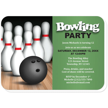 Bowling Ball and Pins Birthday Party Invitations in Green (with rounded corners) at Artistically Invited. Bowling ball and pins birthday party invitations for any age or milestone that are uniquely illustrated with a bowling ball and bowling pins at the bowling alley. Your personalized birthday party details are custom printed in black and white over a colored background to the right of the illustration. 