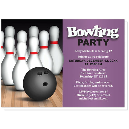 Bowling Ball and Pins Birthday Party Invitations in Purple at Artistically Invited. Bowling ball and pins birthday party invitations for any age or milestone that are uniquely illustrated with a bowling ball and bowling pins at the bowling alley. Your personalized birthday party details are custom printed in black and white over a colored background to the right of the illustration. 
