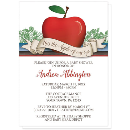 Boy Red Apple of My Eye Baby Shower Invitations at Artistically Invited. Boy red apple of my eye baby shower invitations for a baby boy with a red apple over green lace, and a ribbon banner that reads: 'He's the Apple of my eye'. This cute red apple drawing stands on horizontal blue and brown wood stripes. The personalized information you provide for your baby shower will be printed in red and brown over a white background. 