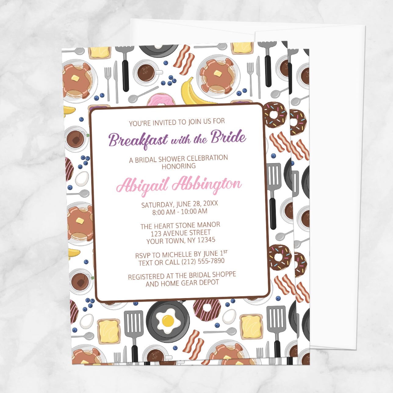 Invitation for 'Breakfast with the Bride' bridal shower on a white background