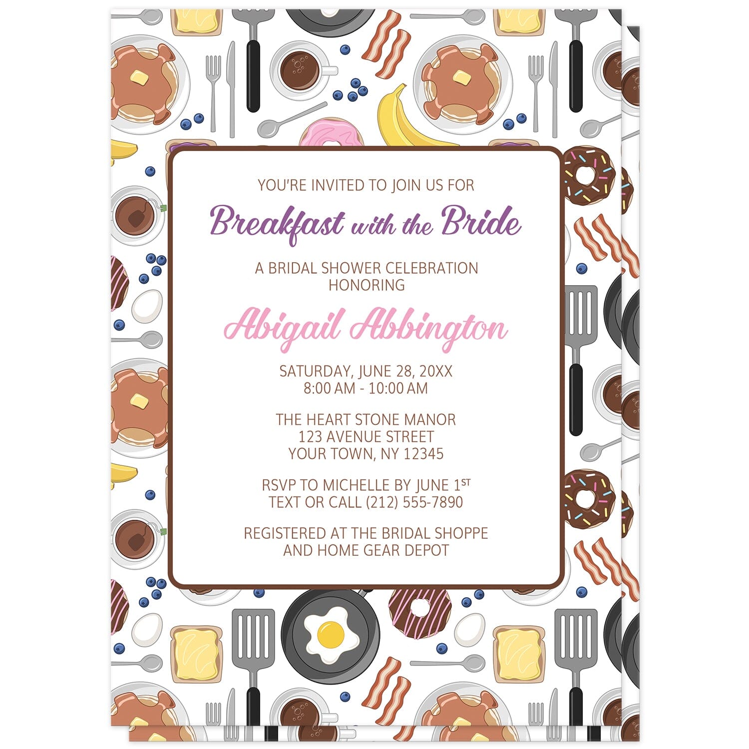 Breakfast with the Bride Bridal Shower Invitations at Artistically Invited. Invitations with a vibrant pattern of breakfast foods that includes crispy bacon, sunny-side-up eggs, savory sausage patties, fluffy pancakes, buttery toast and toast with jam, and more. Don't miss the sweet additions of decadent donuts, a bagel topped with strawberry cream cheese, fresh bananas, plump blueberries, creamy avocado slices, and your morning essentials—coffee and tea.