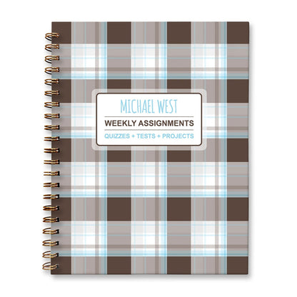 Personalized Brown Plaid Blue Weekly Assignments Book for students to track their homework, quizzes and tests, and projects every week for school. 
