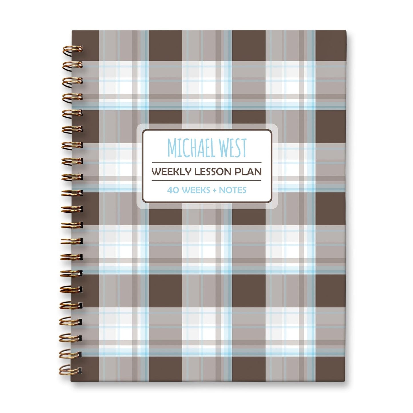 Personalized Brown Plaid Blue Weekly Lesson Plan Book at Artistically Invited. Hardcover planner book for teachers or homeschooling.