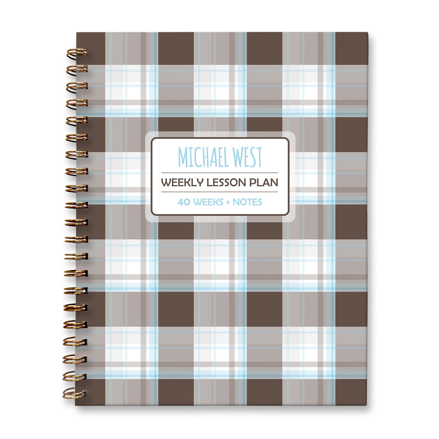 Personalized Brown Plaid Blue Weekly Lesson Plan Book at Artistically Invited. Hardcover planner book for teachers or homeschooling.