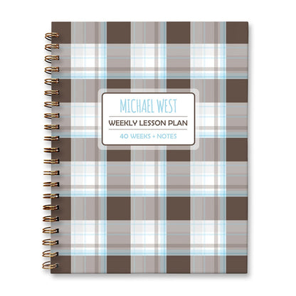 Personalized Brown Plaid Blue Weekly Lesson Plan Book at Artistically Invited. Hardcover planner book for teachers or homeschooling.