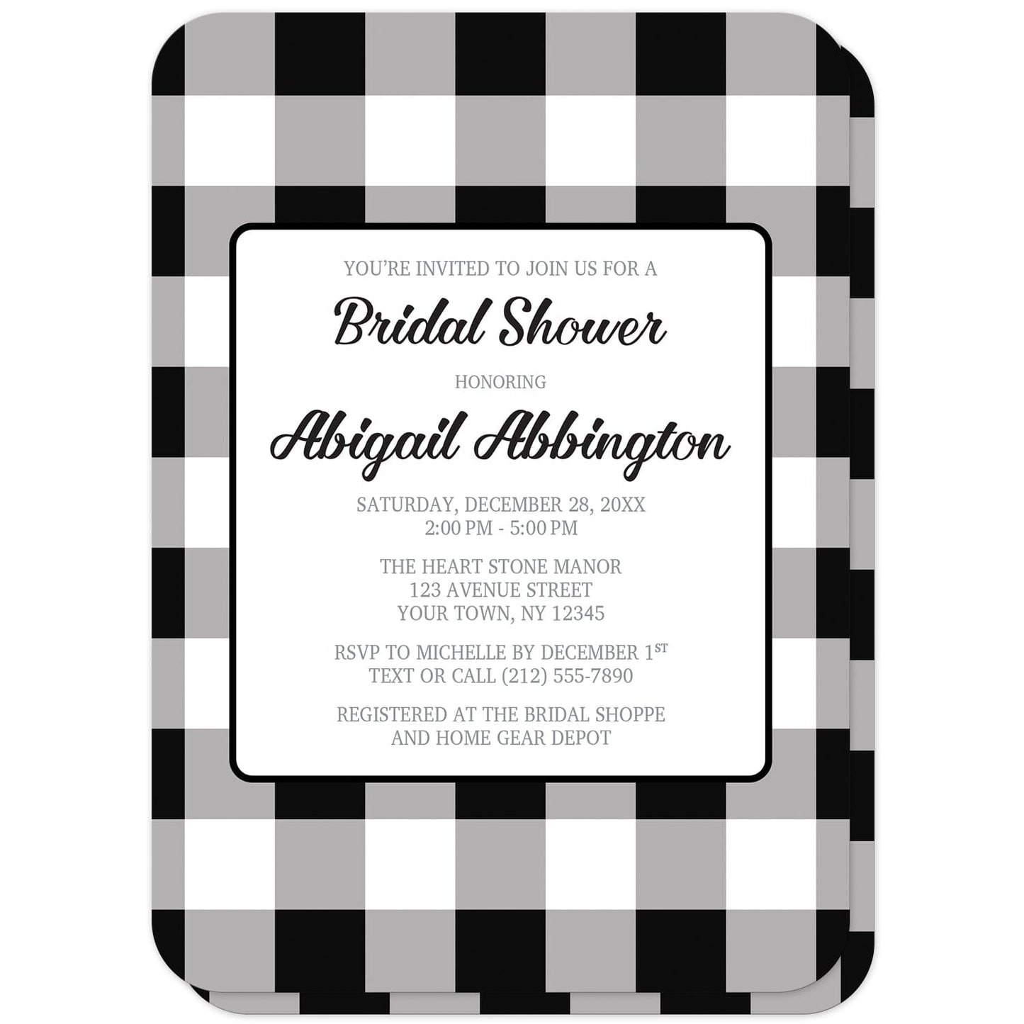 Black and White Buffalo Plaid Bridal Shower Invitations (with rounded corners) at Artistically Invited. Black and white buffalo plaid bridal shower invitations with a large black and white buffalo plaid (buffalo check) pattern background. Your personalized buffalo plaid bridal shower invitation details are custom printed in black and gray inside a white rectangular area in the middle over the buffalo plaid background design. 