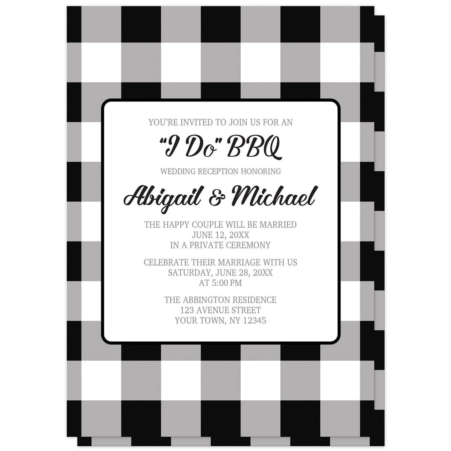 Black and White Buffalo Plaid I Do BBQ Reception Only Invitations at Artistically Invited. Buffalo plaid I Do BBQ reception only invitations with your personalized post-wedding reception details custom printed in black and gray inside a white rectangular area outlined in black. The background design is a black and white buffalo plaid (buffalo check) pattern which is also printed on the back side. 