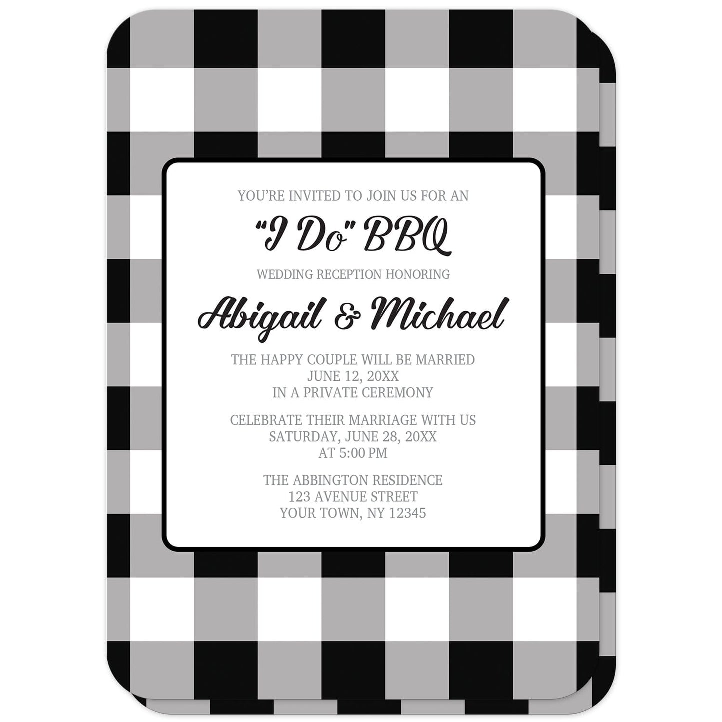Black and White Buffalo Plaid I Do BBQ Reception Only Invitations (with rounded corners) at Artistically Invited. Buffalo plaid I Do BBQ reception only invitations with your personalized post-wedding reception details custom printed in black and gray inside a white rectangular area outlined in black. The background design is a black and white buffalo plaid (buffalo check) pattern which is also printed on the back side. 