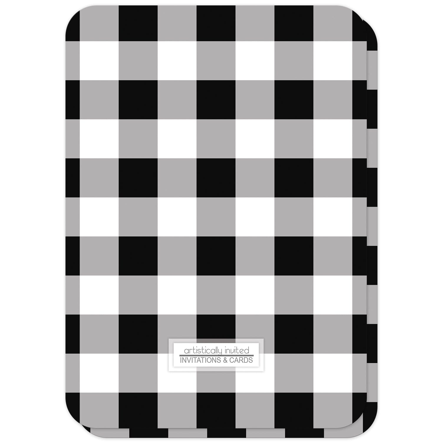 Black and White Buffalo Plaid Bridal Shower Invitations (back side with rounded corners) at Artistically Invited.
