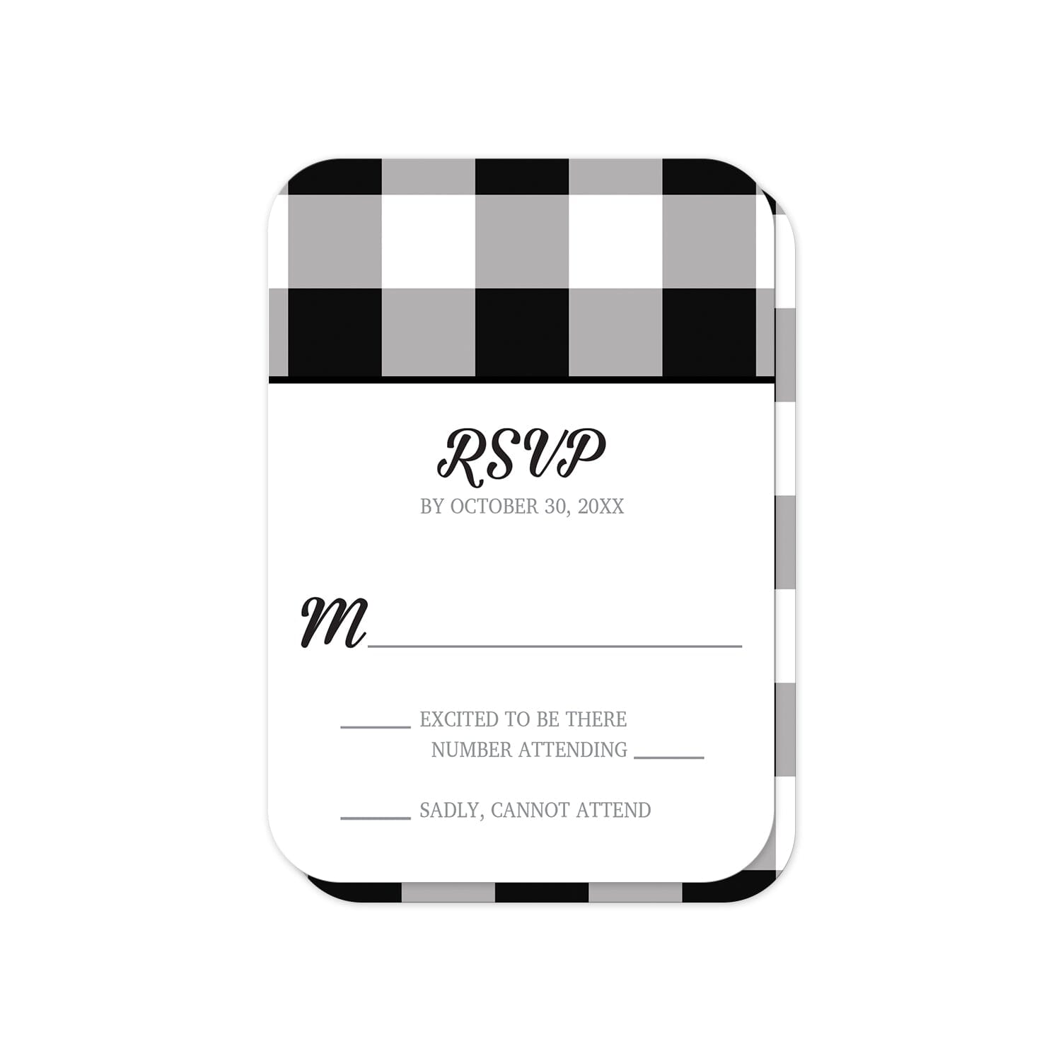 Black and White Buffalo Plaid RSVP Cards (with rounded corners) at Artistically Invited.
