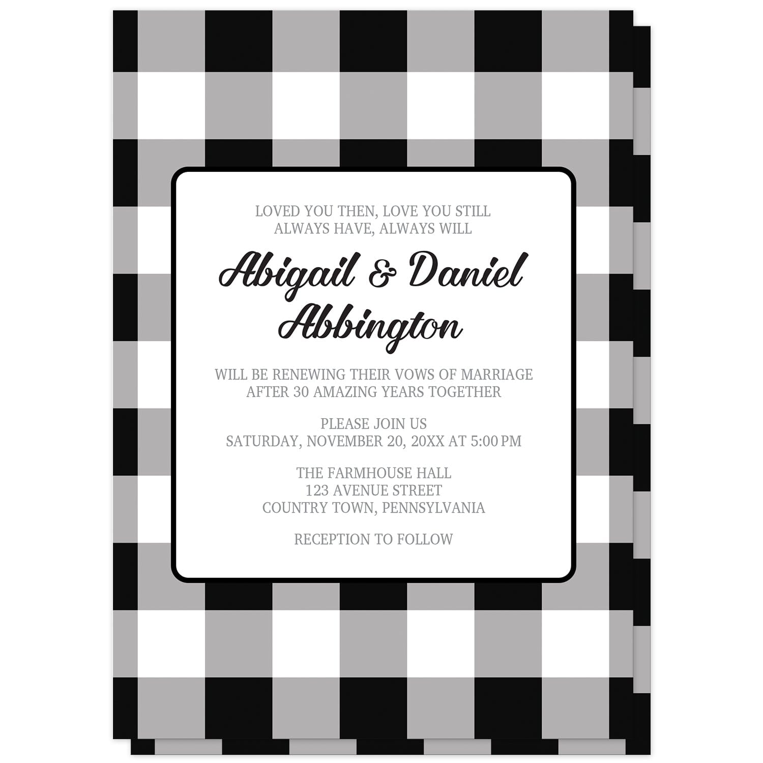Black and White Buffalo Plaid Vow Renewal Invitations at Artistically Invited. Black and white buffalo plaid vow renewal invitations with a large black and white buffalo plaid (buffalo check) pattern background. Your personalized buffalo plaid vow renewal invitation details are custom printed in black and gray inside a white rectangular area in the middle over the buffalo plaid background design.
