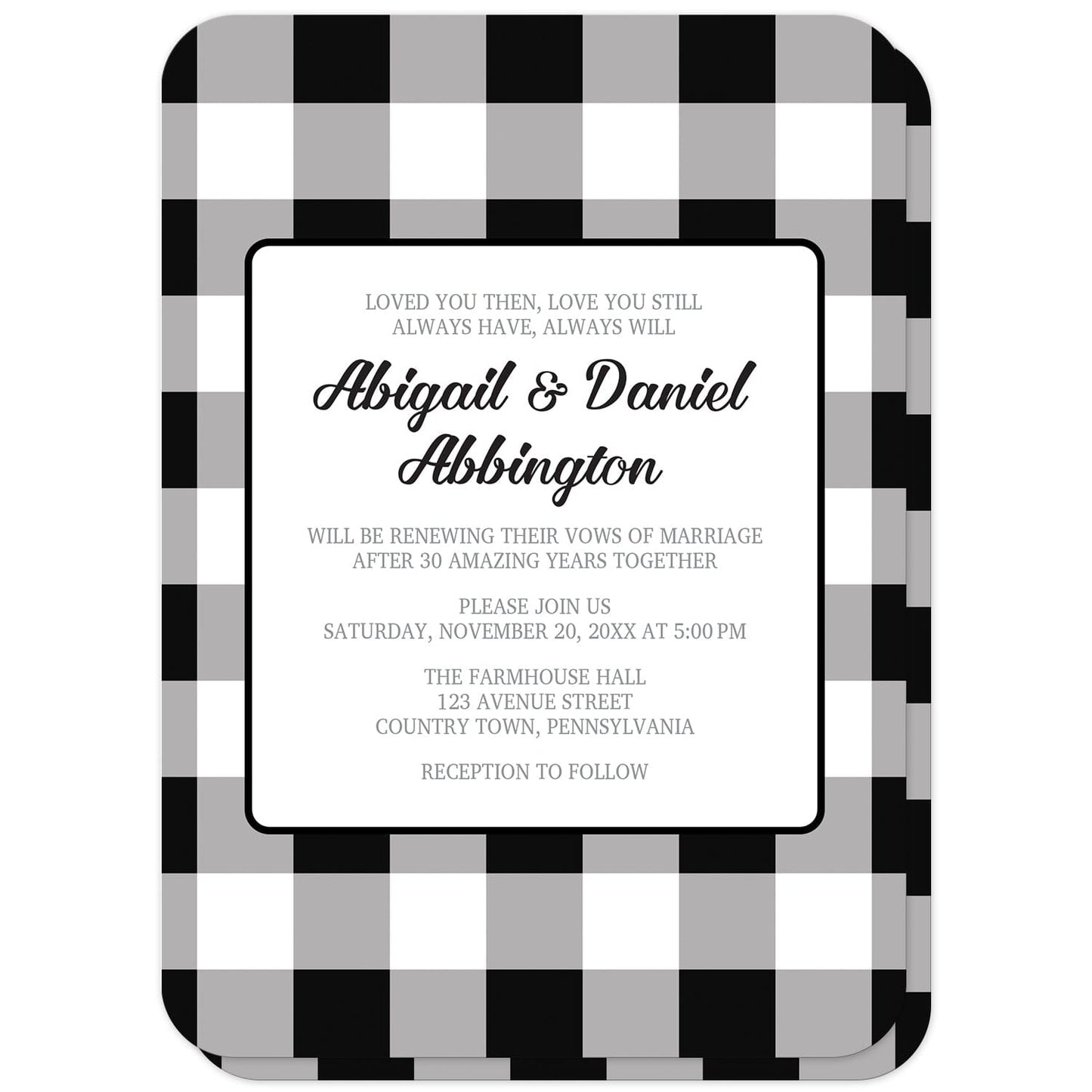 Black and White Buffalo Plaid Vow Renewal Invitations (with rounded corners) at Artistically Invited. Black and white buffalo plaid vow renewal invitations with a large black and white buffalo plaid (buffalo check) pattern background. Your personalized buffalo plaid vow renewal invitation details are custom printed in black and gray inside a white rectangular area in the middle over the buffalo plaid background design.