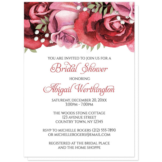Burgundy Red Pink Rose Bridal Shower Invitations at Artistically Invited. Burgundy red pink rose bridal shower invitations with gorgeous burgundy red and pink roses along the top. Your personalized bridal shower celebration details are printed in in burgundy and black on white below the beautiful roses illustration.