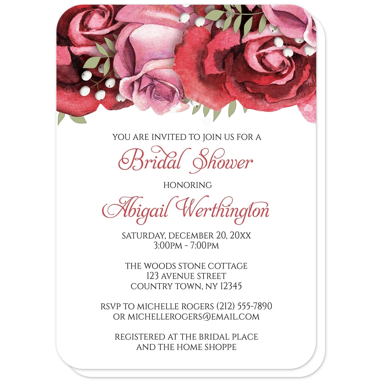 Burgundy Red Pink Rose Bridal Shower Invitations (with rounded corners) at Artistically Invited. Burgundy red pink rose bridal shower invitations with gorgeous burgundy red and pink roses along the top. Your personalized bridal shower celebration details are printed in in burgundy and black on white below the beautiful roses illustration.