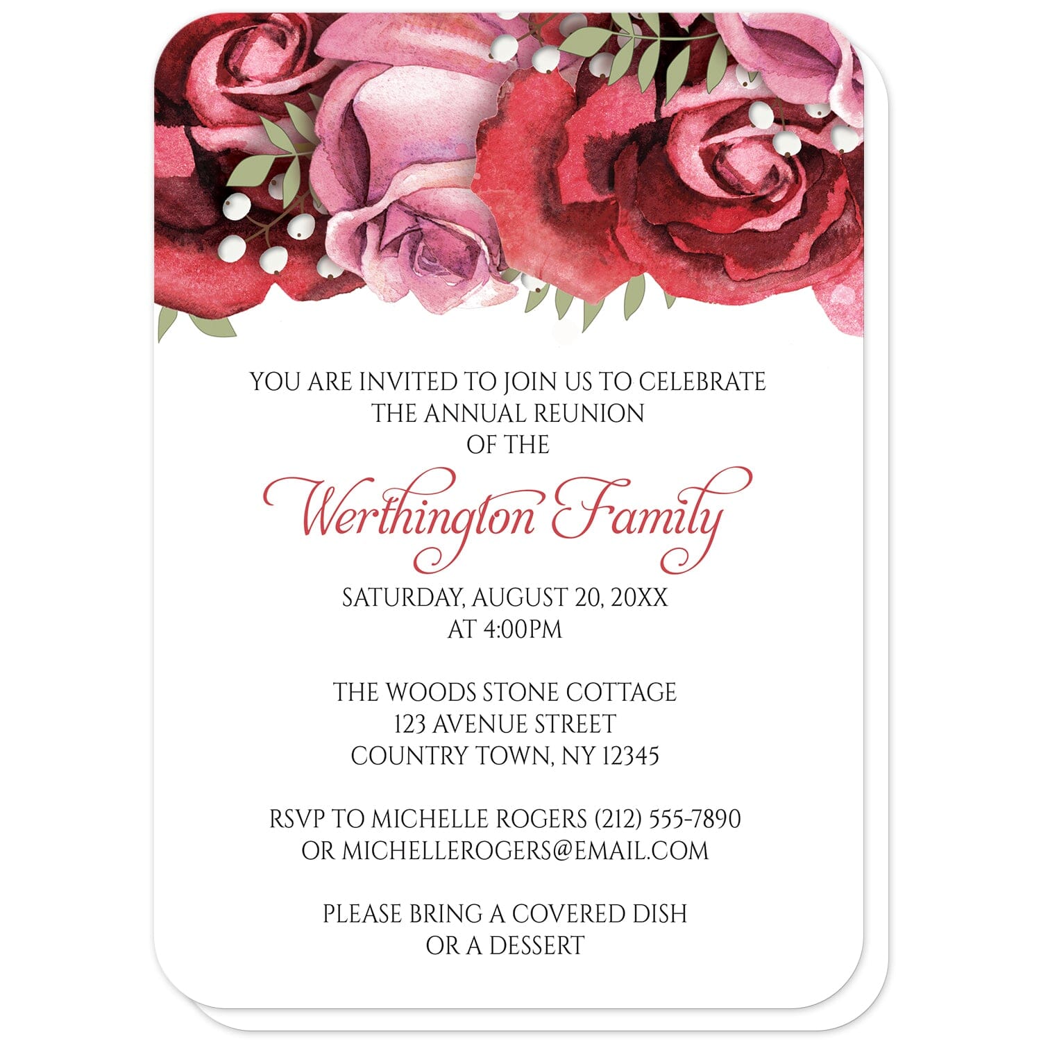Burgundy Red Pink Rose Family Reunion Invitations (with rounded corners) at Artistically Invited. Pretty burgundy red pink rose family reunion invitations with gorgeous burgundy red and pink roses along the top. Your personalized family reunion celebration details are custom printed in burgundy and black on white below the beautiful roses illustration. 