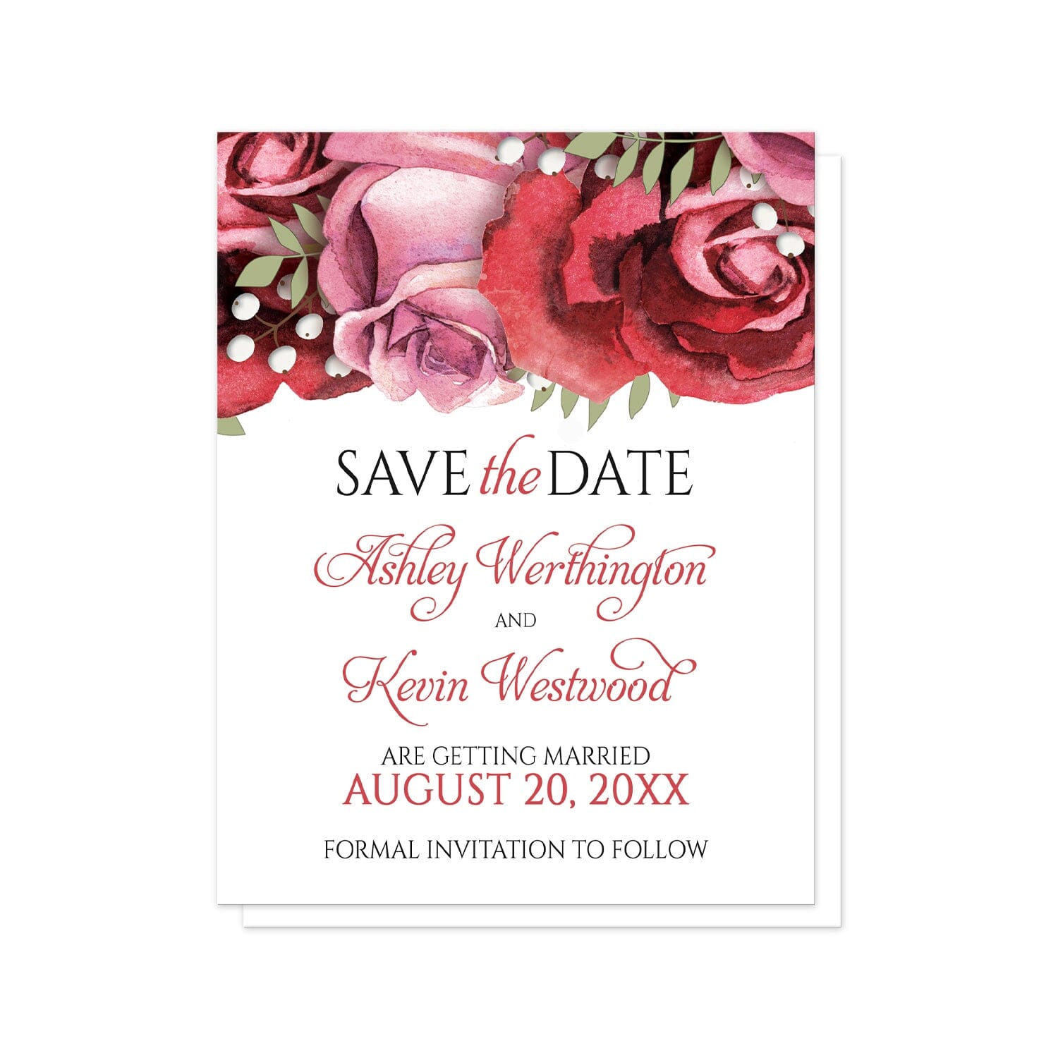 Burgundy Red Pink Rose Save the Date Cards at Artistically Invited. Beautiful burgundy red pink rose save the date cards with beautiful burgundy red and pink roses along the top over a white background. Your personalized wedding date details are custom printed in black and red below the pretty roses. 