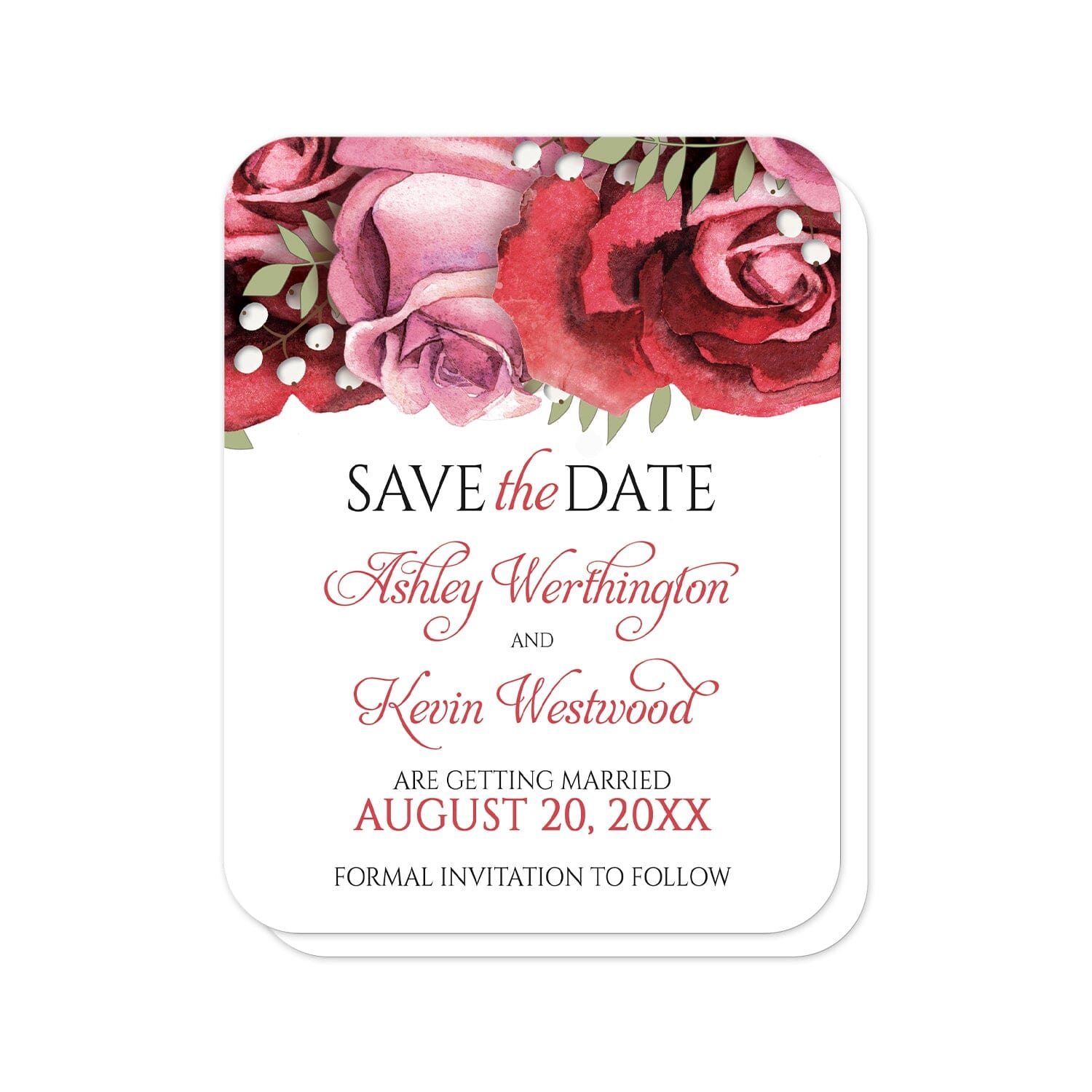 Burgundy Red Pink Rose Save the Date Cards (with rounded corners) at Artistically Invited. Beautiful burgundy red pink rose save the date cards with beautiful burgundy red and pink roses along the top over a white background. Your personalized wedding date details are custom printed in black and red below the pretty roses. 