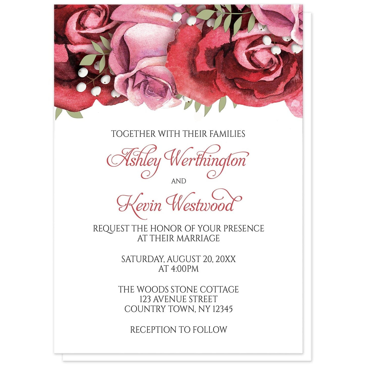 Burgundy Red Pink Rose Wedding Invitations at Artistically Invited. Beautiful burgundy red pink rose wedding invitations with gorgeous burgundy red and pink roses along the top. Your personalized marriage celebration details are custom printed in in burgundy and black on white below the pretty roses. 
