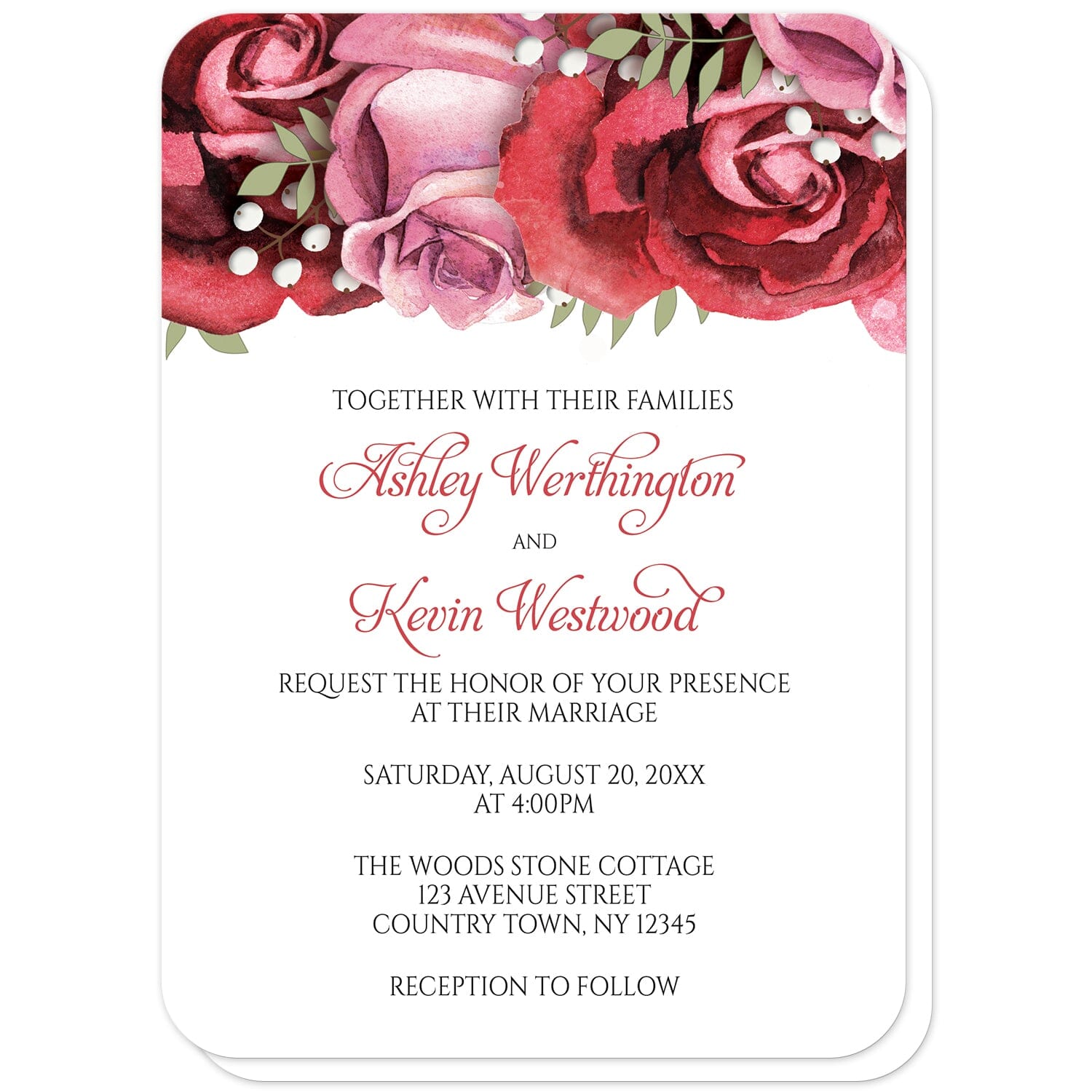Burgundy Red Pink Rose Wedding Invitations (with rounded corners) at Artistically Invited. Beautiful burgundy red pink rose wedding invitations with gorgeous burgundy red and pink roses along the top. Your personalized marriage celebration details are custom printed in in burgundy and black on white below the pretty roses. 