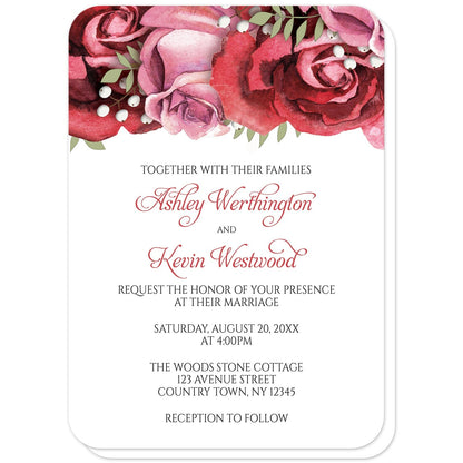 Burgundy Red Pink Rose Wedding Invitations (with rounded corners) at Artistically Invited. Beautiful burgundy red pink rose wedding invitations with gorgeous burgundy red and pink roses along the top. Your personalized marriage celebration details are custom printed in in burgundy and black on white below the pretty roses. 