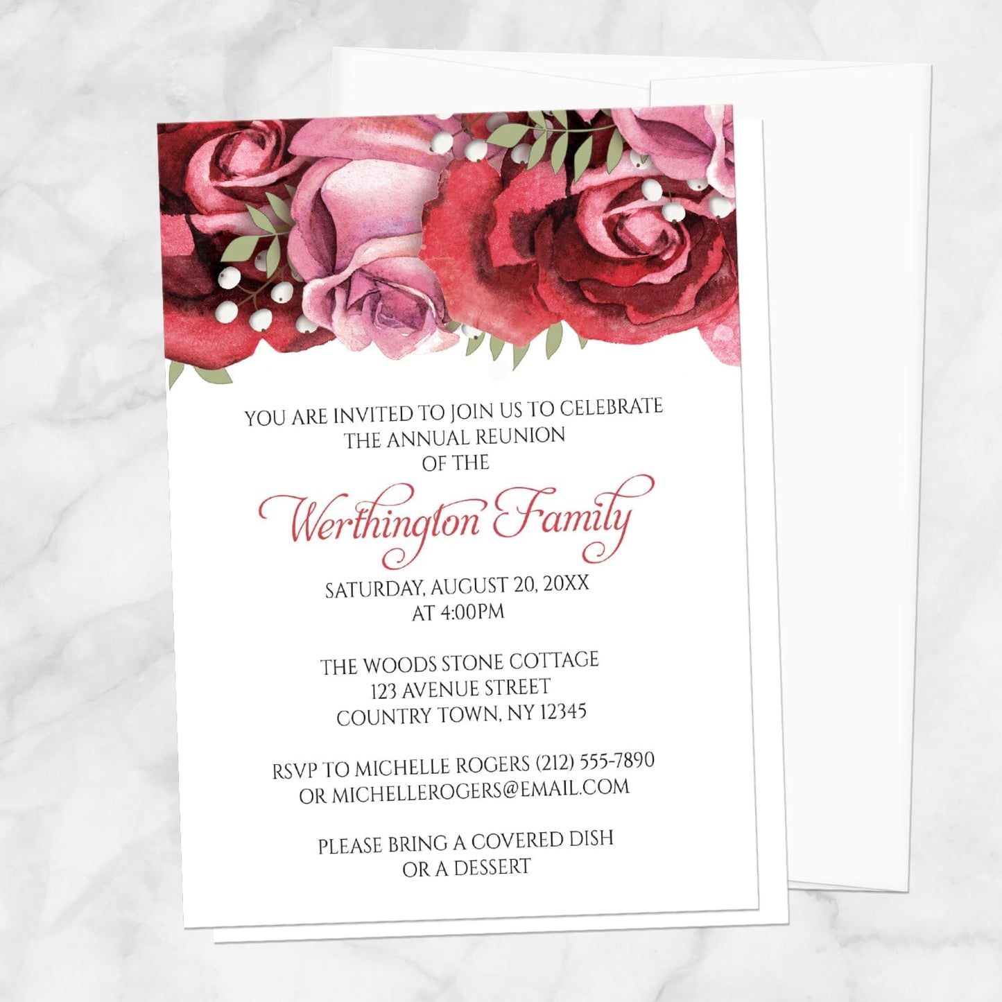 Burgundy Red Pink Rose Family Reunion Invitation shown on a marble surface with a white envelope.