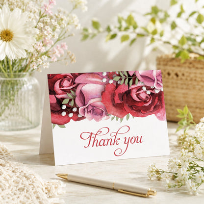 Burgundy Red Pink Rose Thank You Card on a tabletop with a vase, spring and summer flowers, and a pen.