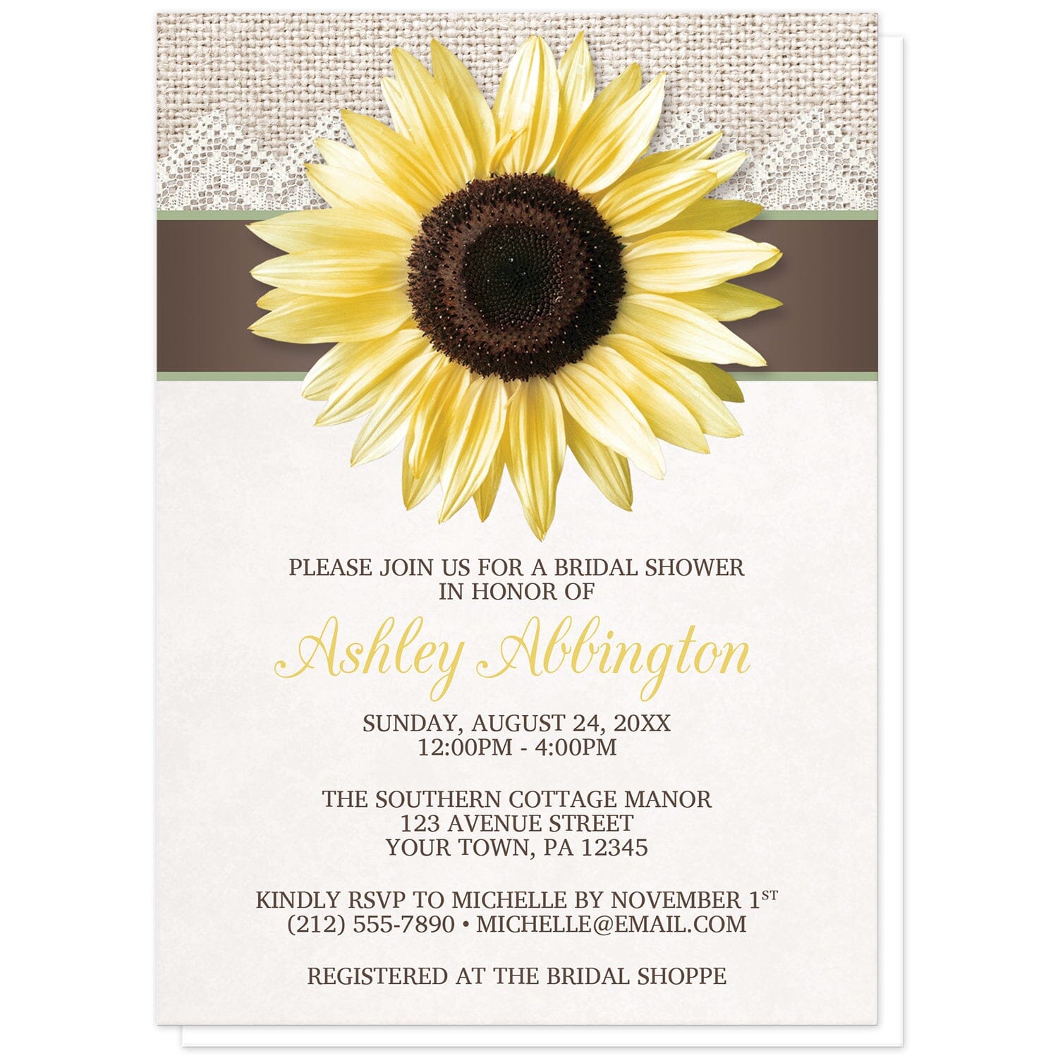 Burlap Lace Brown Sage Sunflower Bridal Shower Invitations at Artistically Invited. Burlap lace brown sage sunflower bridal shower invitations with a lovely big yellow sunflower on a brown ribbon stripe with sage green edges and a rustic burlap and lace background illustration along the top of the invitations. Your personalized bridal shower celebration details are custom printed in yellow and brown over a light beige background color below the sunflower design. 