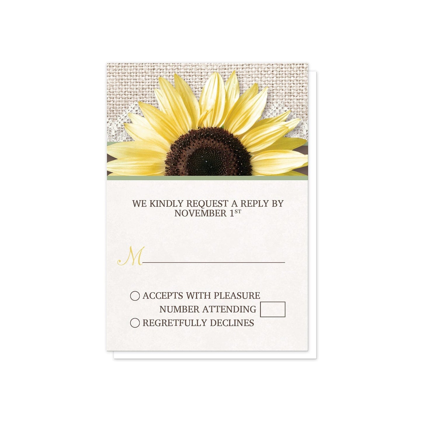 Burlap Lace Brown Sage Sunflower RSVP Cards at Artistically Invited.
