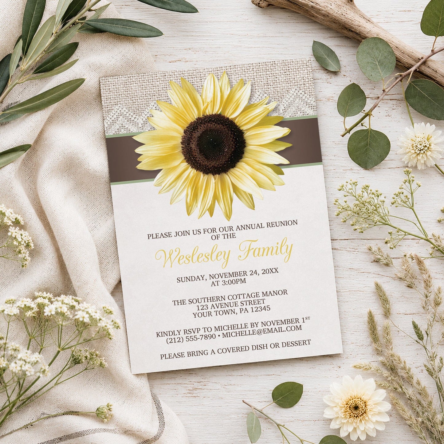 Burlap Lace Brown Sage Sunflower Family Reunion Invitation shown on a light wood surface with spring and summer plants.