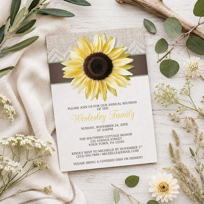 Burlap Lace Brown Sage Sunflower Family Reunion Invitation shown on a light wood surface with spring and summer plants.